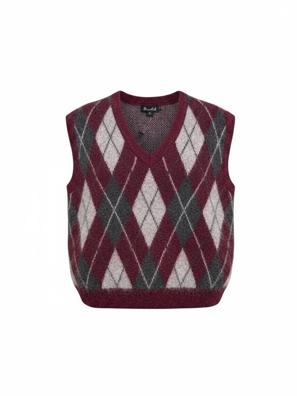 NWT Marled Argyle Sweater Vest Burgundy Gray V-Neck Soft Knit Size Medium